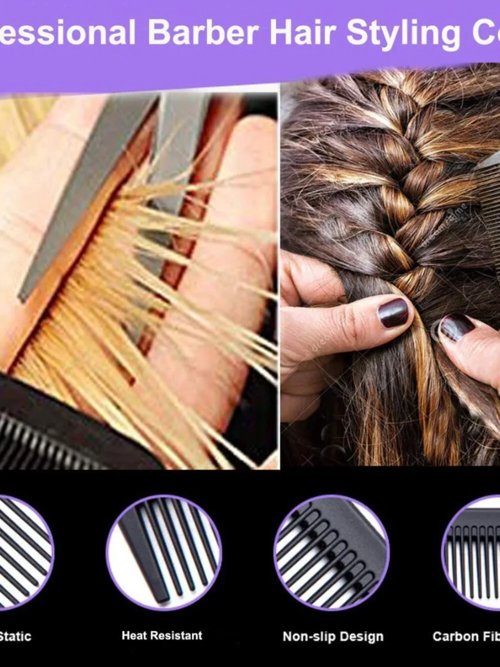 3 Pack Carbon Fiber Cutting Comb - Professional 8.15' Styling Comb for All Hair